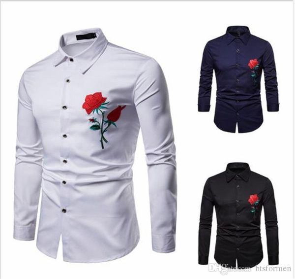 

вышивание мужских дизайнерских футболок rose printed плюс размер turn down воротник длинный мужской рукав повседневной мужской одежды, White;black