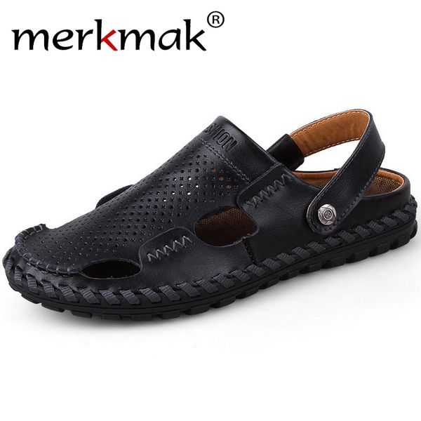 

fashion men sandals genuine leather mens dress sandals 2020 summer breathable men's beach shoes flip flops male casual slippers, Black