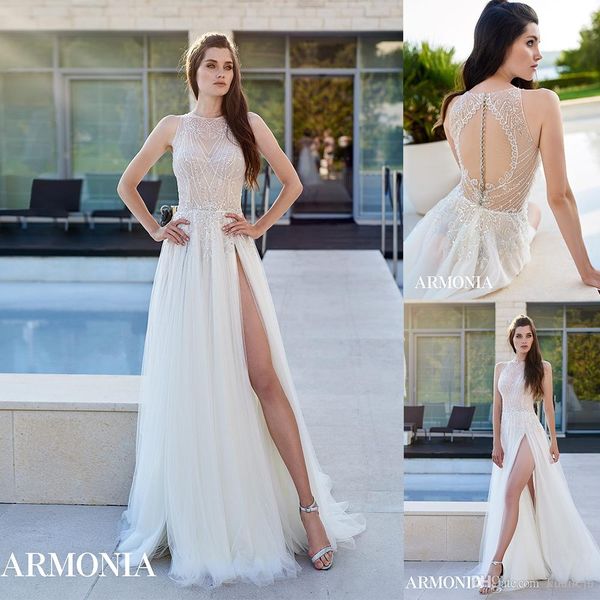 

simple tmarmonia a line wedding dresses jewel neck sleeveless tulle lace applique sequins split wedding gowns floor length robe de mariée, White