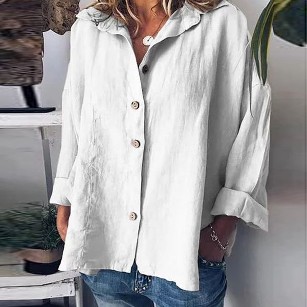 

2019 summer women shirt solid cotton linen loose casual blouse shirt turn-down neck long sleeve ladies blouse, White