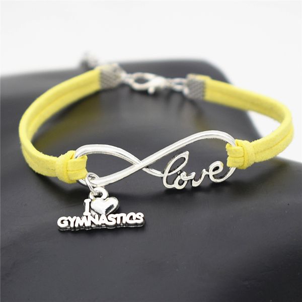 

Braided ilver color infinity love i heart gymna tic pendant bracelet bangle yellow leather rope luxury jewelry for men women gift, Golden;silver