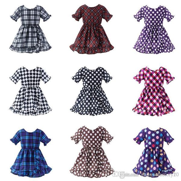 

girl princess dress 2019 summer ruffle sleeve kids plaid dot dress baby clothing ins children lattice print beach dress 9 colors, Red;yellow