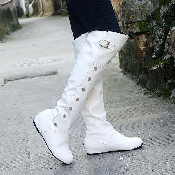 

litthing knee-high boots women black white flat shoes woman pu leather buckle boots platform fltas shoes winter large size 43