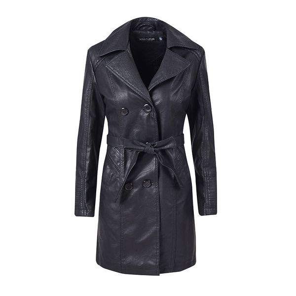 

new pocket double buckle long sleeve slim waist belts pu leather jacket clothing 2019 autumn winter coat, Black