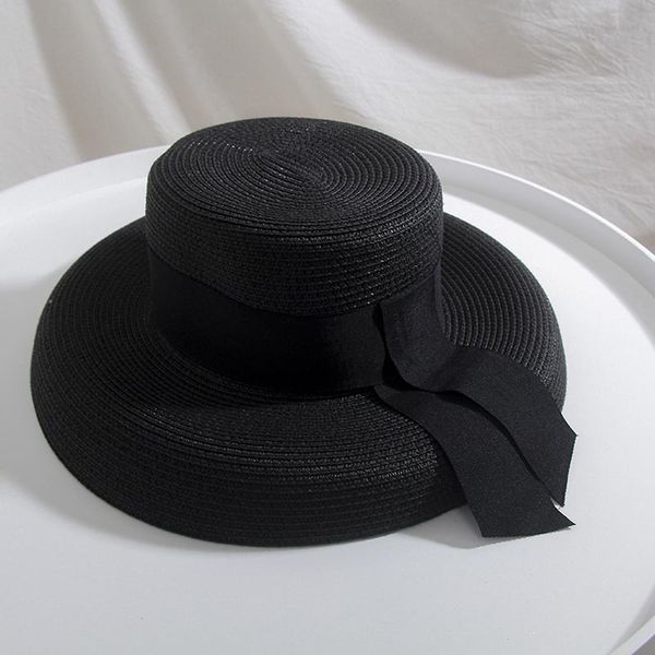 

british wide ribbon design summer black white hepburn elegant lady straw hat leisure hats women bucket hat, Blue;gray