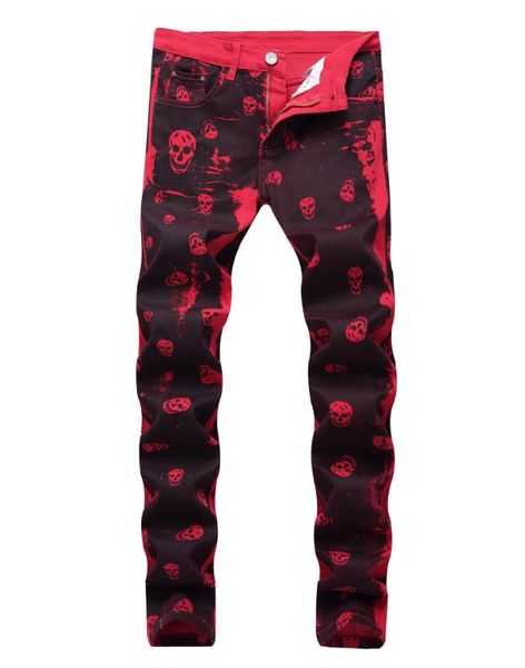 

men's printed red casual jeans stretch slim red clothin brand jeans hole style street wear 2020 fashions long zipped button pocket pant, Blue