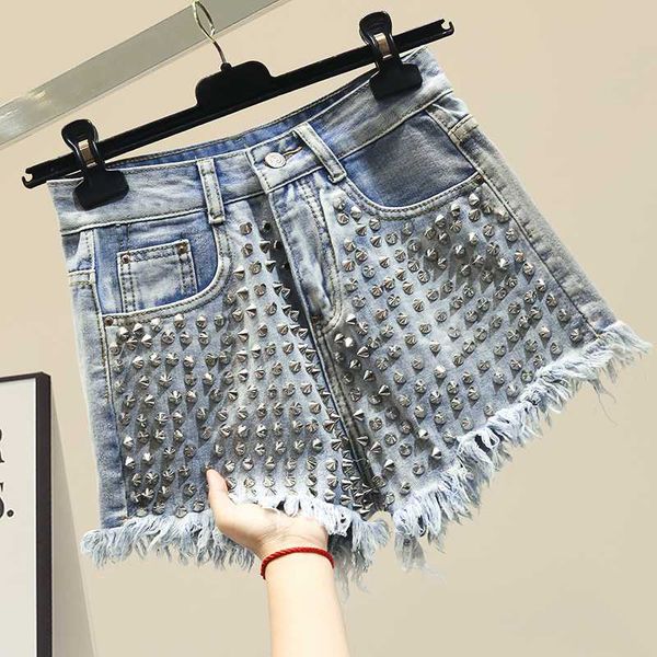 

рваные джинсы шорты женщина прохладный ручной работы заклепки кисточки тонкий высокая талия джинсовые шорты девушки дамы уличная harajuku го, Blue