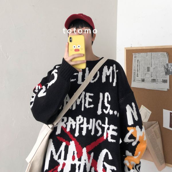 

winter letter sweater men's warm fashion casual o-neck knit pullover men streetwear loose hip hop sweaters male sweter clothes, White;black