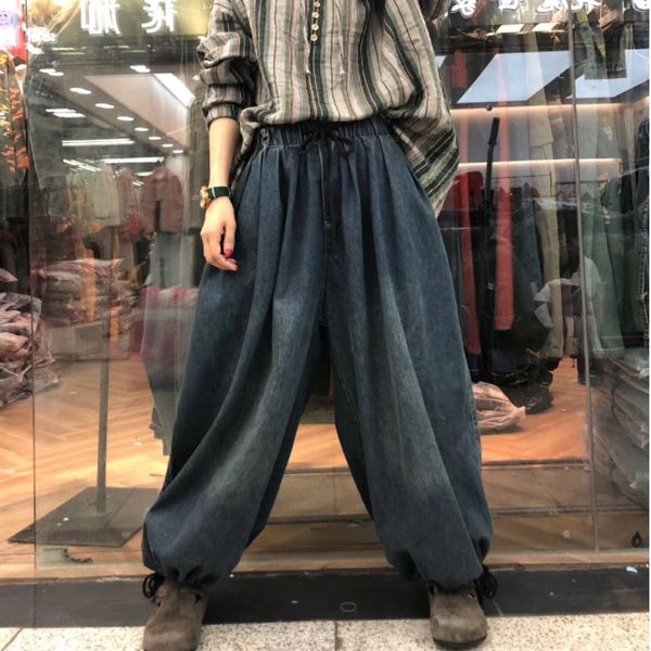 

winter jeans large size women loose denim pants new elastic waist pocket casual ladies retro lantern denim trousers 2019 pants, Blue