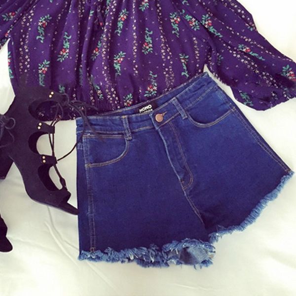 

2019 summer new style korean-style elasticity frayed denim shorts women's large size students high-waisted slimming extra short, Blue