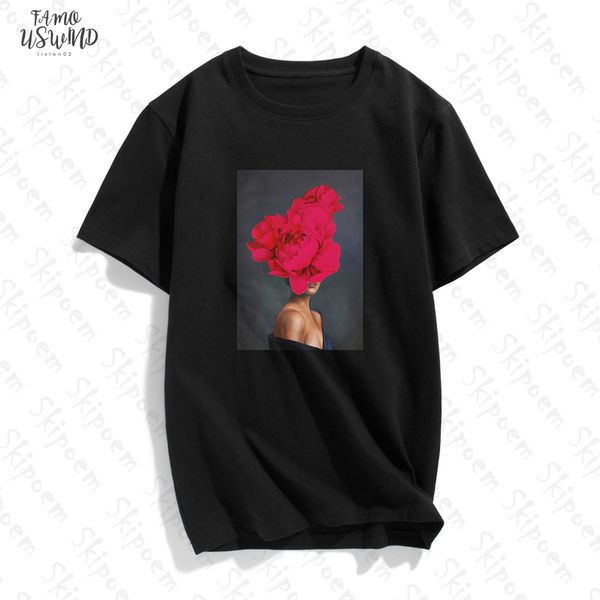 

pgraphy art fashion woman with women flower t shirt women aesthetic kawaii cotton short sleeve plus size tees streetwear, White