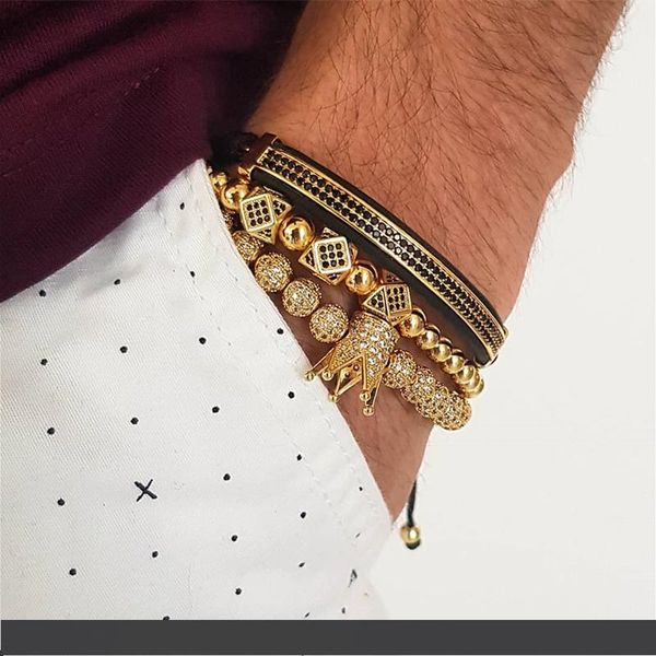 

3 шт. комплект мужчины браслет ювелирные изделия корона подвески мужчины браслет макраме бусины браслеты для женщин браслет, Golden;silver