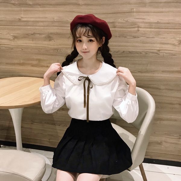 

new autumn preppy style women shirts peter pan collar looselt anglo-american ~ 35 students blouse shirt white 9980