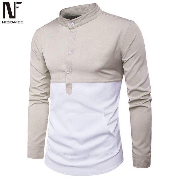 

patchwork men shirt harajuku long sleeve blusa gentleman party clothes novelty half buttons male slim shirt beige, White;black