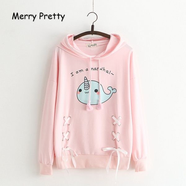 

merry pretty cartoon unicorn print hooded sweatshirts 2018 autumn long sleeve cooton cute pullovers femme lace up sweet hoodies, Black