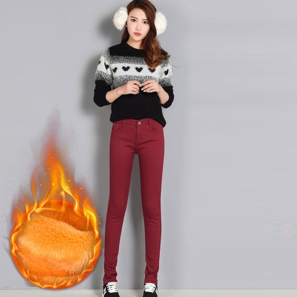 

2019 skinny women's warm jeans for woman plus size candy color thick velvet winter warm jeans women stretch denim pencil, Blue
