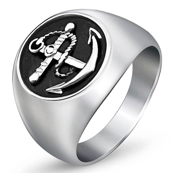 

stainless steel men ring with anchor round shape silver color punk biker ring for men fashion jewelry sale, Slivery;golden