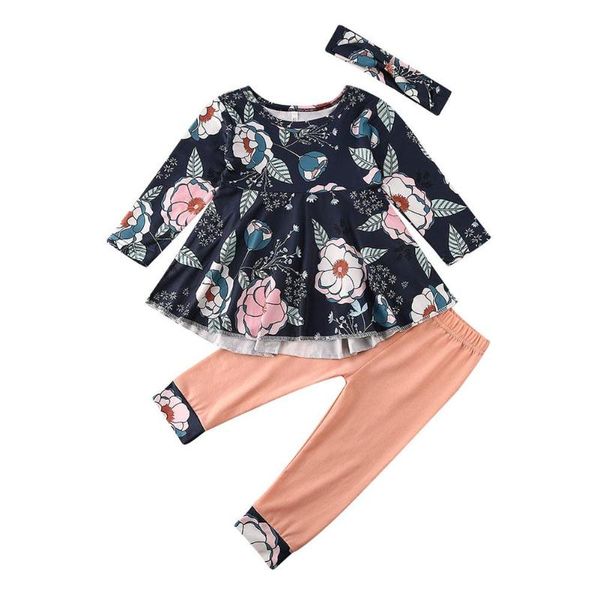 

floral print retro outfits cotton warm long sleeve 3pcs newborn baby korean lovely dress long pants headband suit, White