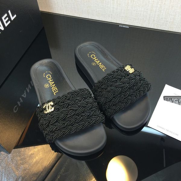 

new design luxury h sandals and slippers women summer fashion wear leather pearl chain slippers new travel wild flat sandals sandals slipper, Black