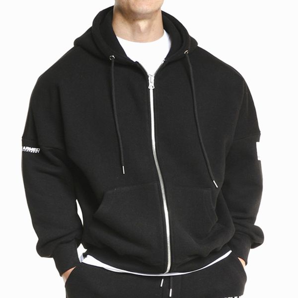 

autumn new men gyms fitness hooded sweatshirt brand bodybuilding long sleeve zipper hoodies cotton loose joggers clothes, Black
