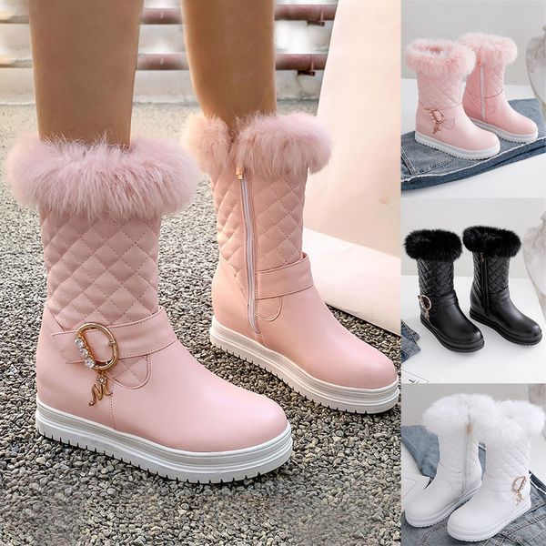 

boots women winter warm women's with rhinestone buckle women boots mid heel thic shoes zapatos de mujer, Black