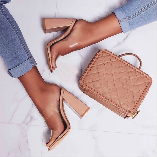 

2020 new summer square high heels mules women slippers pvc transparent slides casual slippers shoes size 35-42 zh100149, Black