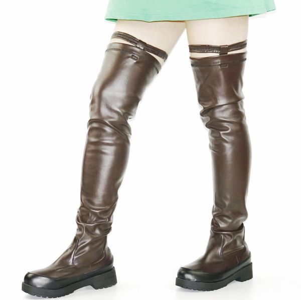 

elastic slim leg riding boots women stretch buckle over the knee boots punk long sneakers platform oxfords shoes goth creepers, Black