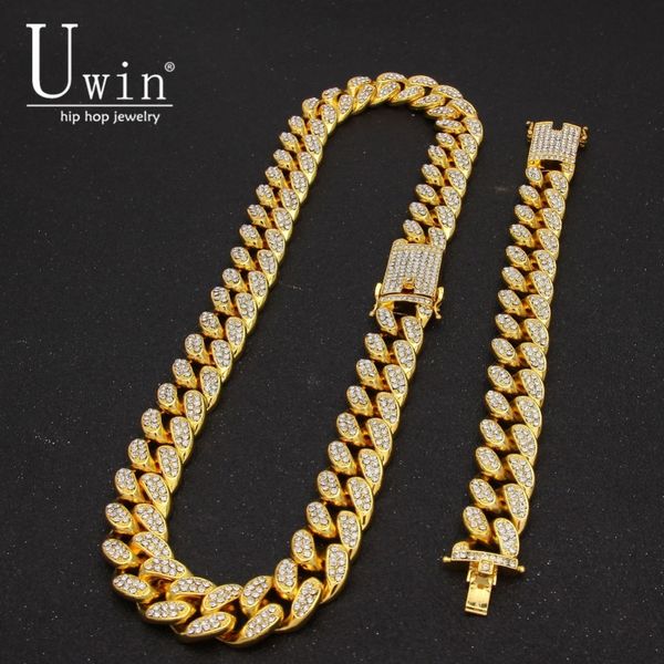 

uwin 2cm miami cuban chain necklace & bracelet set iced out crystal rhinestone gold silver hip hop jewelry for gift