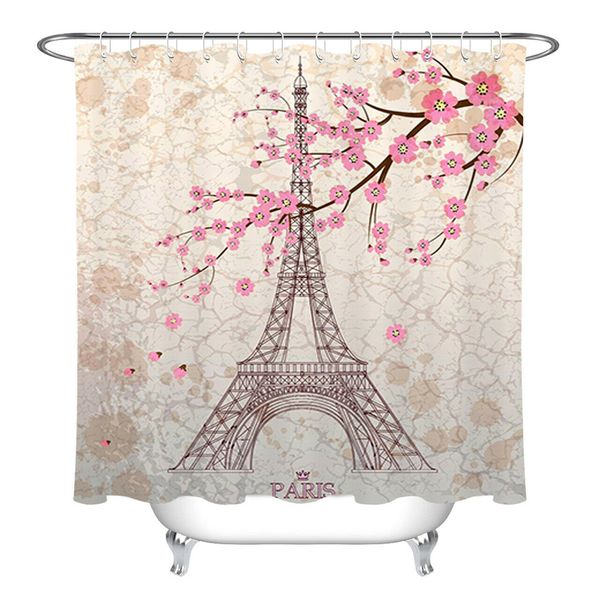 2019 Paris Eiffel Tower Pink Cherry Blossom Shower Curtain