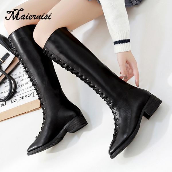 

maiernisi woman long boots thigh high boots high heels leather strap bota feminina booties martins women black ladies shoe