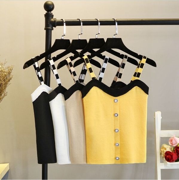 

женская мода tank top бретели топы женщин вязание короткие танки кнопки crop топы женский обрезанные рукавов короткие tshirts camis женщины, White