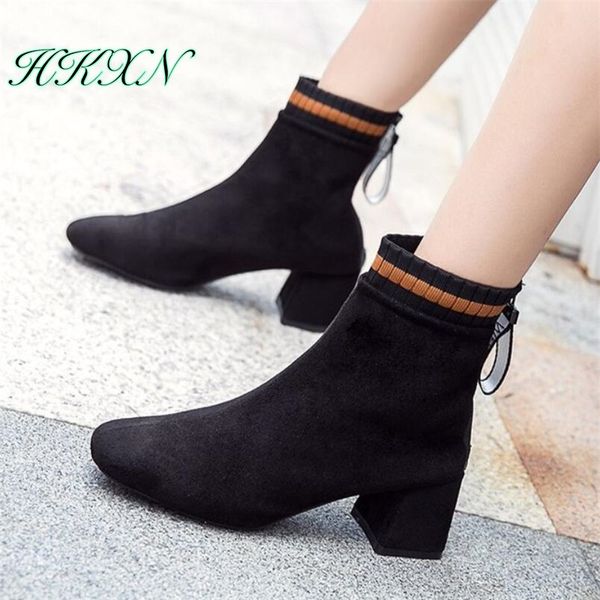 

hkxn 2020 autumn women shoes fashion flock high heel ankle boots female mid heels casual botas mujer booties feminina high 6cm, Black