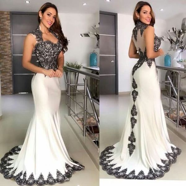

white satin with black lace evening dresses mermaid long prom party gowns sweetheart sheer back vestido de festa, White;black