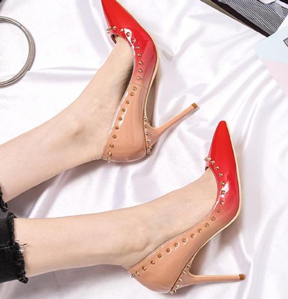 

2019 women's shoes in spring and autumn with new style high heel fine heel pointed end rivet shoes heel 8cm ,10cm @210, Black