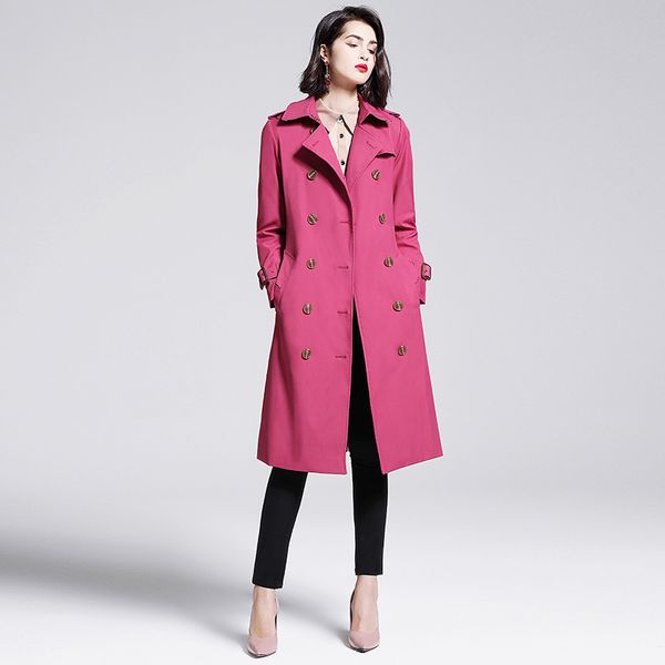 

windbreaker women's long knee length fall 2020 new versatile double breasted belt fashion temperament rose red coat, Tan;black