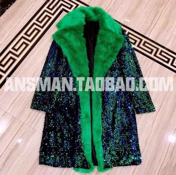 

new bar nightclub jacket male singer fashion outerwear ds christmas theme green colorful faux fur men long coat sequin costume, Tan;black