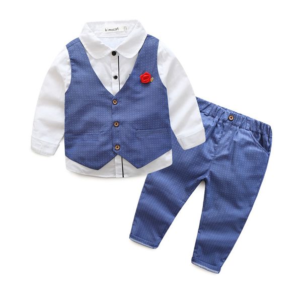 

new spring and autumn boys blazer gentlemen's flowers lapel into casual suit 3pcs (vest + shirt + pants, Blue
