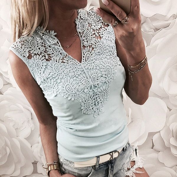 

summer womens and blouses sleeveless lace floral shirts v-neck hollow out slim fit blouse ladies vest tankblusas, White