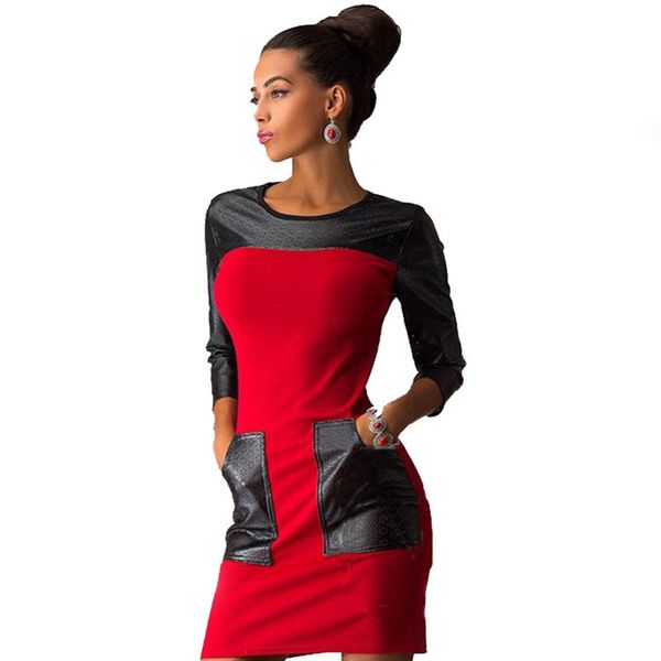 

womens designer summer professional commuter pu leather stitching slim hip dresse2wi, Black;gray