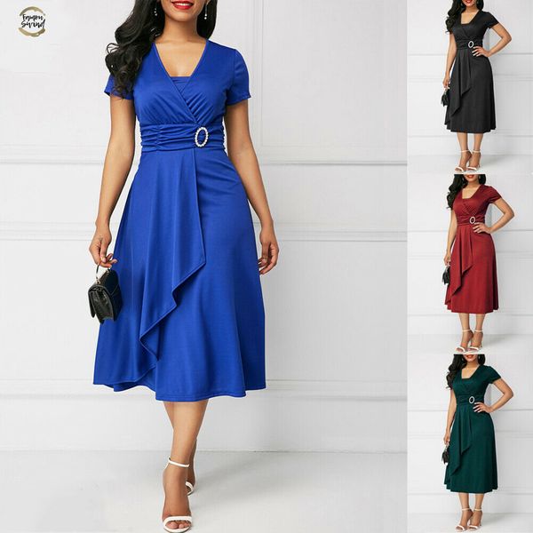 

elegant women high waist plain asymmetric midi dress fashion summer solid casual short sleeve v-neck dress sundress plus size, Black;gray