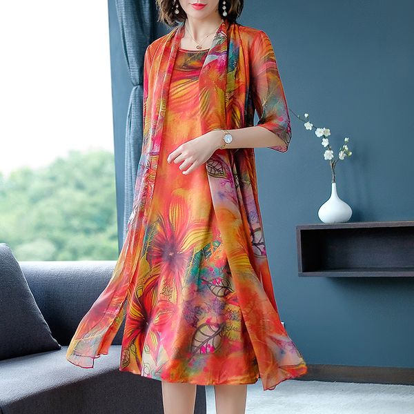 

fashion 2019 new summer autumn dress elegant women clothing print long dress fake two pieces plus size vestidos -4xl, Black;gray