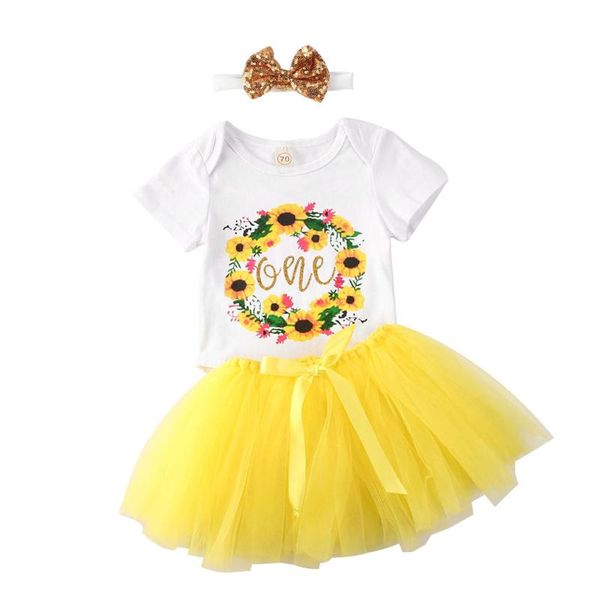 

baby girls 3pcs clothes set short sleeve one letter print romper+ short tutu mesh pompom skirt + bow hair band sumemr outfits, White