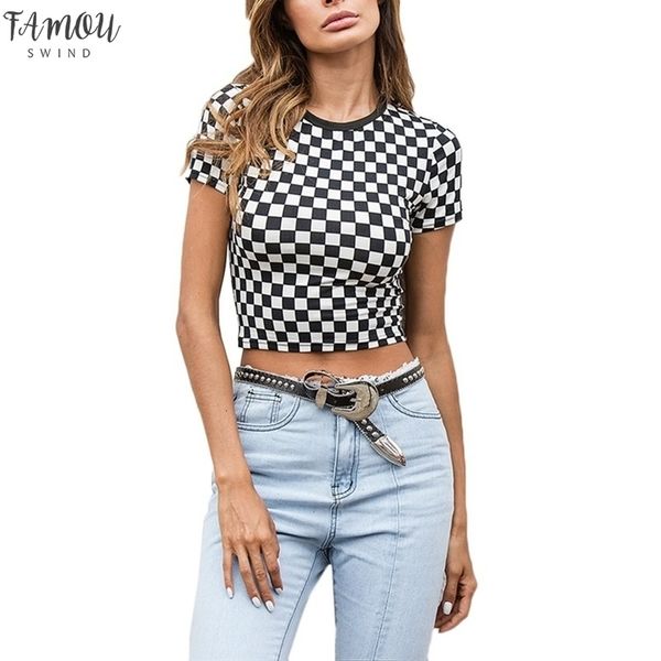 

new solid summer women black and white plaid checkerboard o neck vogue t shirt streetwear femme tee shirt