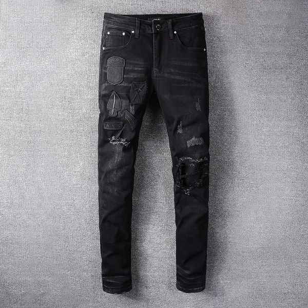

2020amiri trend high street jeans male stitching ripped slim men's designer pants street popular distressed denim trousers 06, Blue