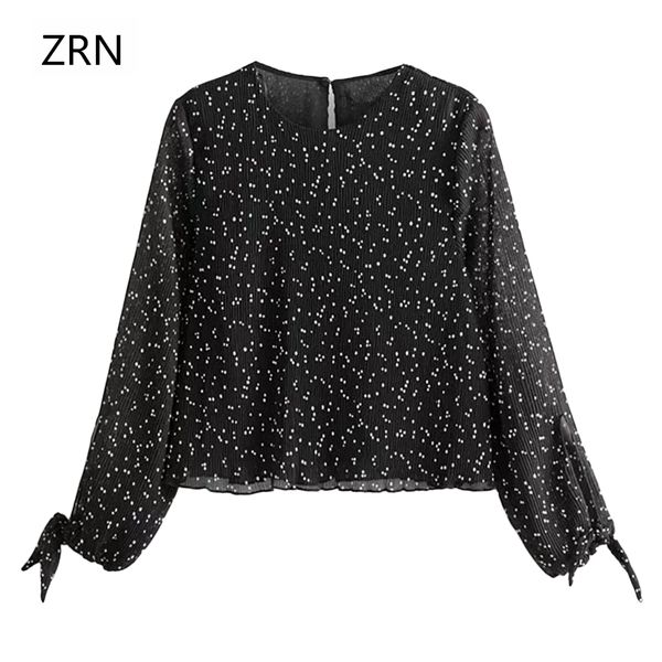 

2019 autumn new ladies temperament dot print shirt loose wild cuffs bow tie pleated chiffon shirt, White
