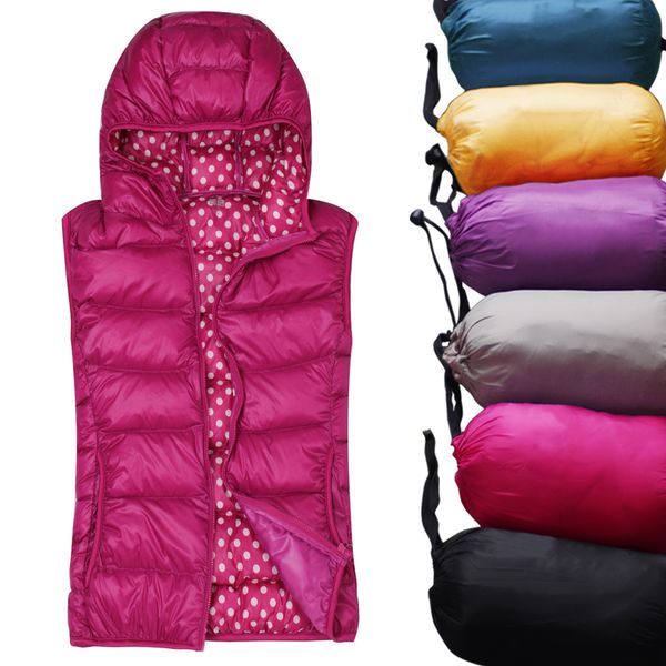 

women sleeveless jacket autumn winter ultra light white duck down vest female outwear warm waistcoat slim hooded vest coat ab429, Black