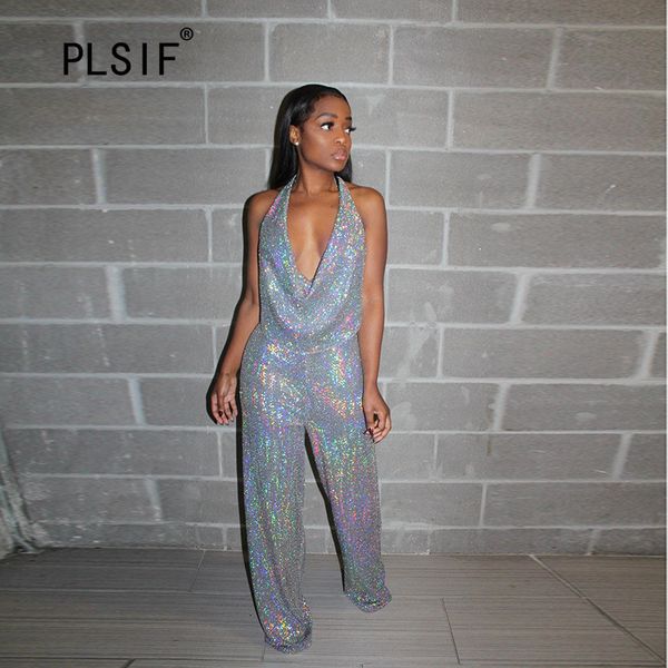 

club shiny trendy sequined jumpsuits lady deep v-neck rompers backless sparkly jumpsuits, Black;white