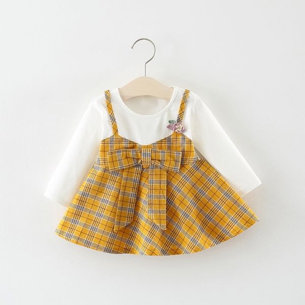 

childrenswear 2019 весной и осенью новый стиль девушки одеваются дети mock двухсекционный плед лук юбка младенца длинным рукавом платье, Red;yellow