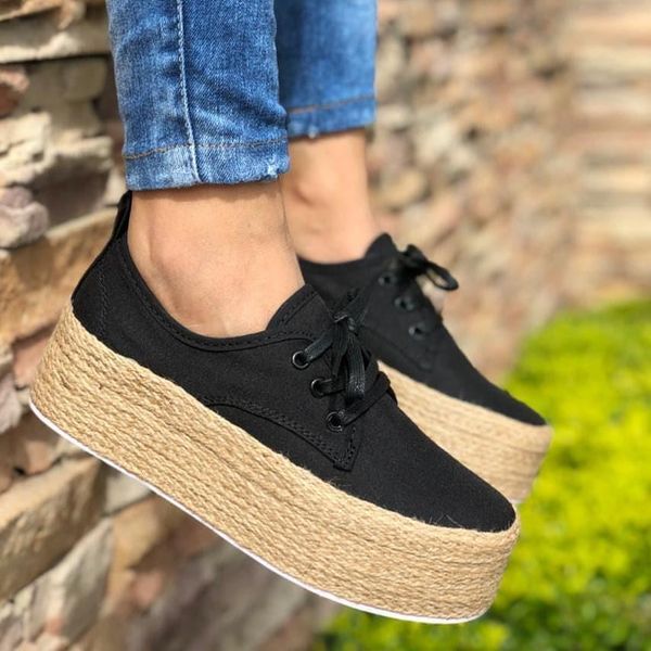 

lasperal fashion women ladies espadrille shoes canvas thick bottom flats shoes girls lace up round toe casual breathable flats l14, Black