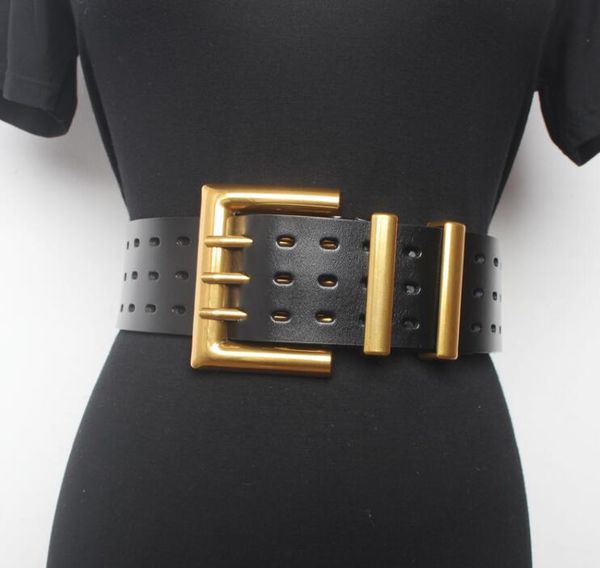 

women's runway fashion genuine leather gold buckle cummerbunds female dress corsets waistband belts decoration wide belt r1520, Black;brown